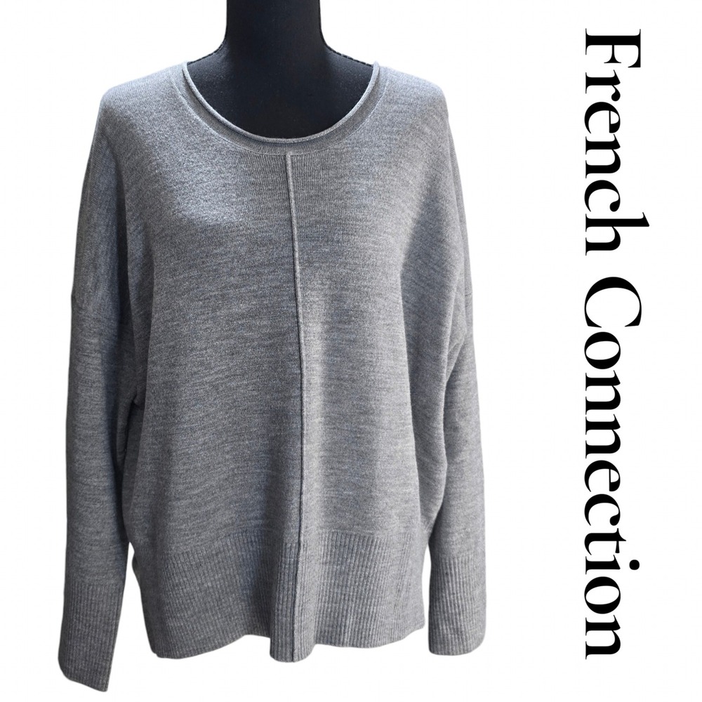 French Connection Sweater Womens M Gray Knit Oversized Seam Crew Neck Boho Y2K